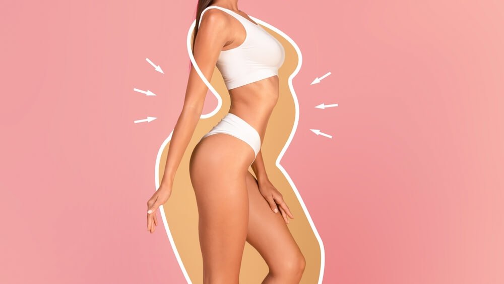 Diet concept. Slim Woman In Underwear With Drawn Silhouette Around Her Body On Pink Background, Young Woman With Fit Figure Enjoying Result Of Weights, Collage, Panorama